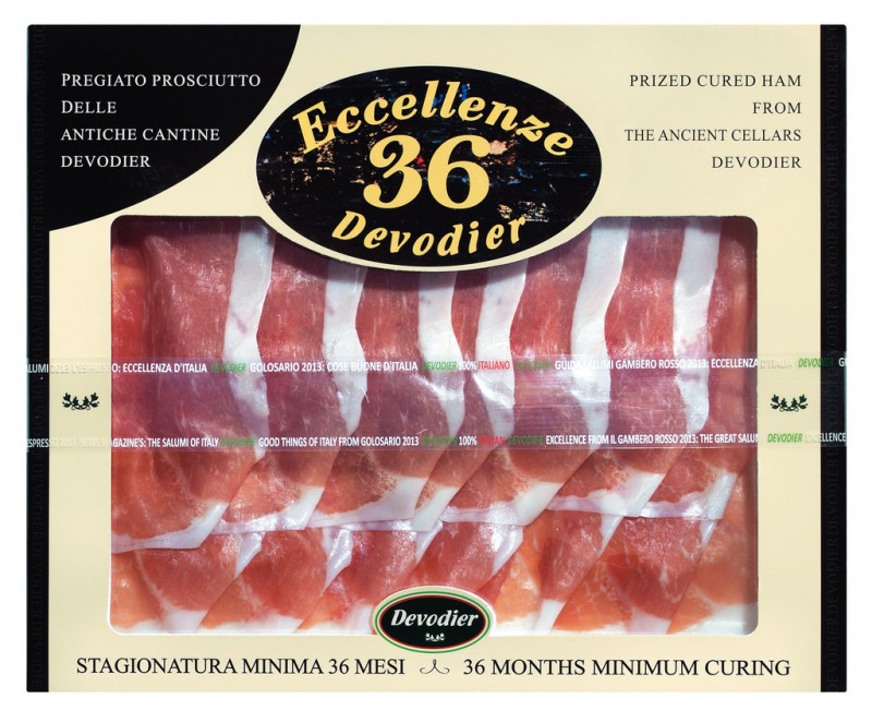 Ham 30 mois, coupés, emballés sous vide, Prosciutto Crudo Vaschetta, 36 mesi, Devodier - 70 g - pack