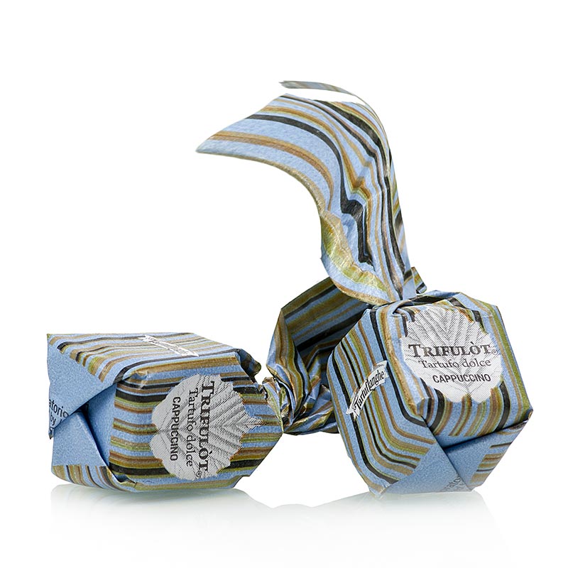 Mini truffle pralines from Tartuflanghe Tartufo Dolce di Alba CAPPUCCINO / Cocoa beans a 7g, blue paper - 200 g - bag Mini truffle pralines from Tartuflanghe Tartufo Dolce di Alba CAPPUCCINO / Cocoa beans a 7g, blue paper - 200 g - bag