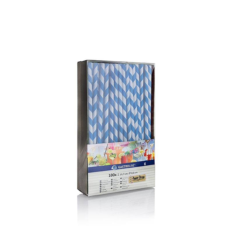 Disposable paper drinking straws stripes, blue-white, 19.7 cm - 100 pcs - Blister