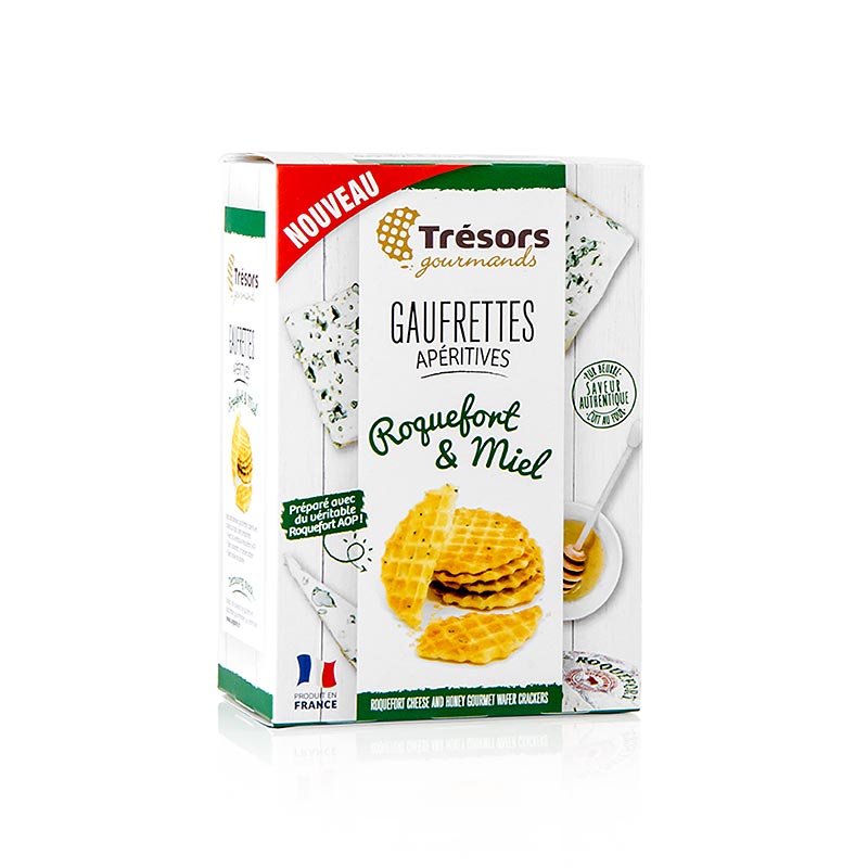 Barsnack Tresors - Gaufrettes, franz. Mini-Waffeln mit Roquefort Käse & Honig - 60 g - Schachtel