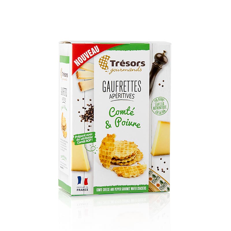 Barsnack Tresors - Gaufrettes, franz. Mini-Waffeln mit Comte Käse & Pfeffer - 60 g - Schachtel