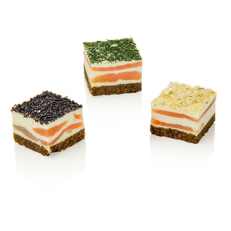 Zoetwaren met gerookte zalm, roomkaas en mierikswortel op roggebrood - 240 g, 24 x 10 g - karton