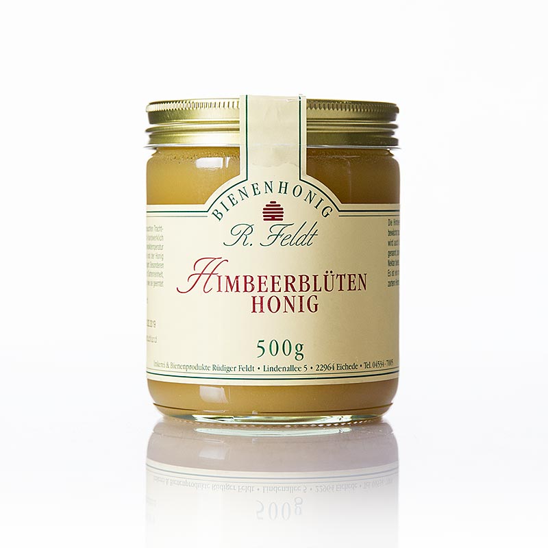 Frambozenbloesemhoning, licht, mild fruitig, fijn frambozenaroma van Bijenteelt Feldt - 500g - Glas