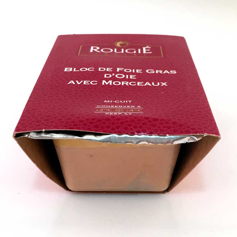 Bloc de foie d`oie, avec morceaux, foie gras, trapeze, mi-conserve, rougie - 180g - Coque PE