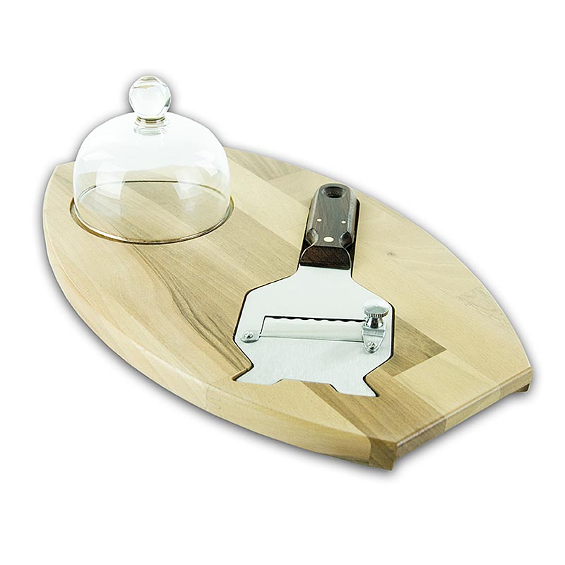 Coupe-truffes Coffret cadeau, cloche, couvercle en verre sur planche de bois, y compris la coupe-truffes - 3 pièces. - 