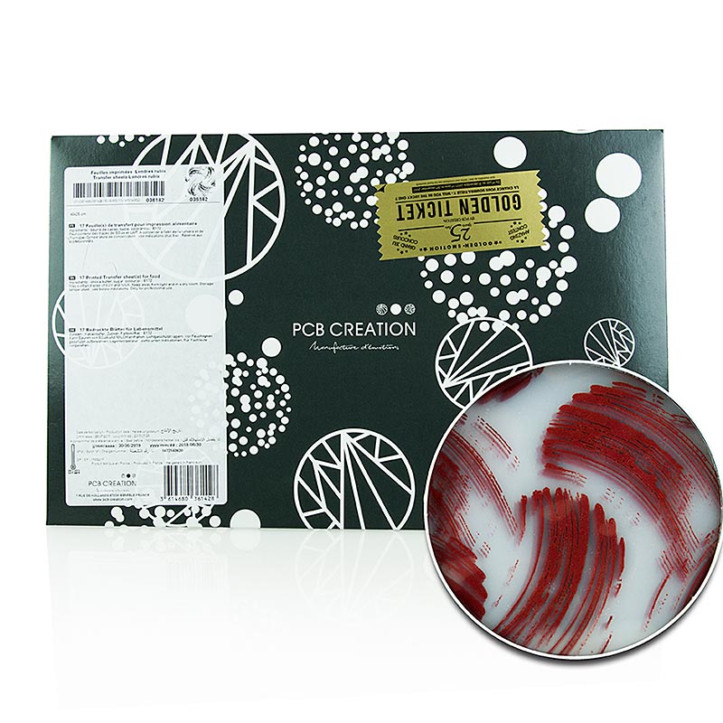 Decoratieve peel-off film Londres Ruby (rode vlekken), voor chocolade, 40x25cm - 17 vellen - karton