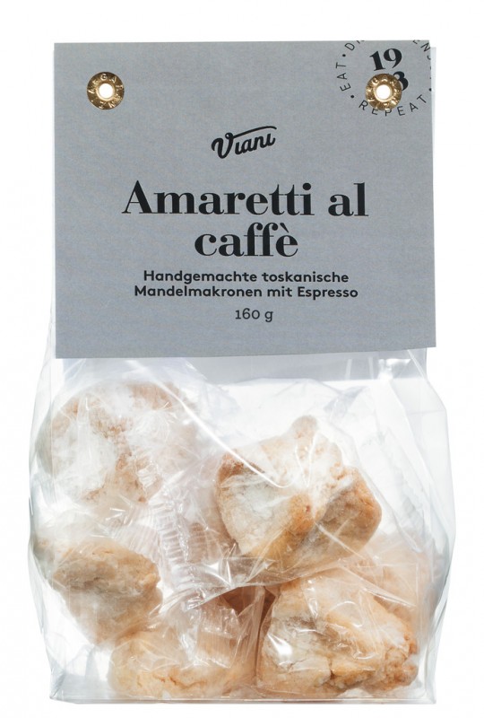 AMARETTI - mandelmikroner med caffe, klassiske mandelmakroner med kaffe, Viani - 160 g - taske