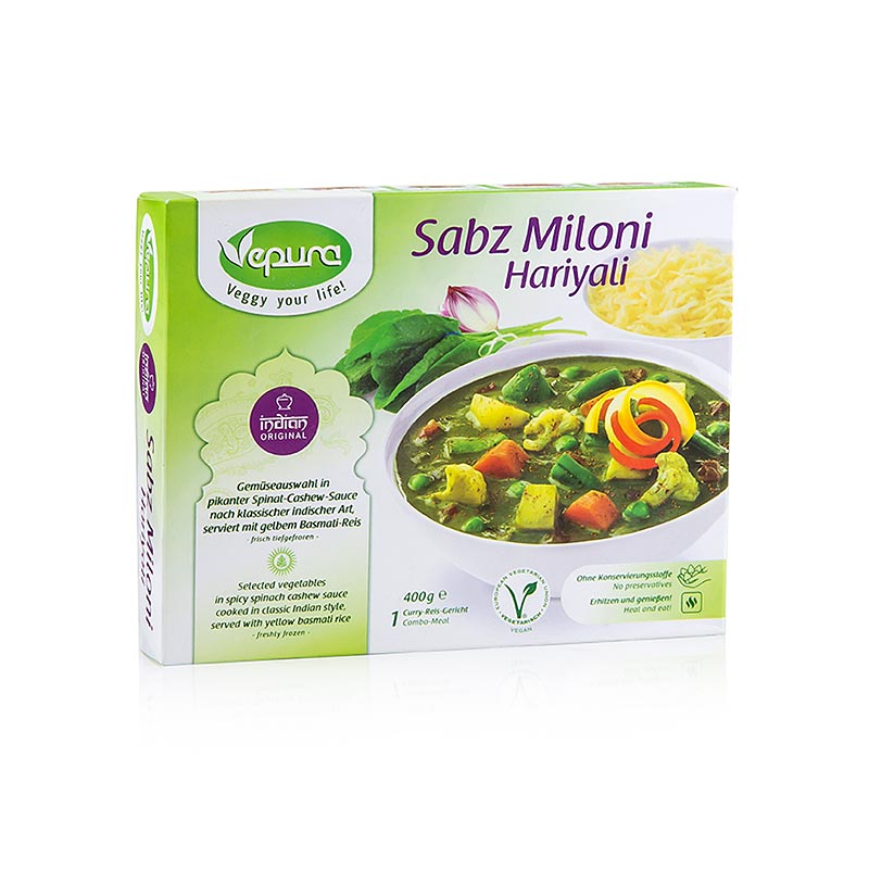 Sabz Miloni Hariyali - Légumes en sauce aux épinards et aux noix de cajou, riz basmati épicé, Vepura - 400 g - pack