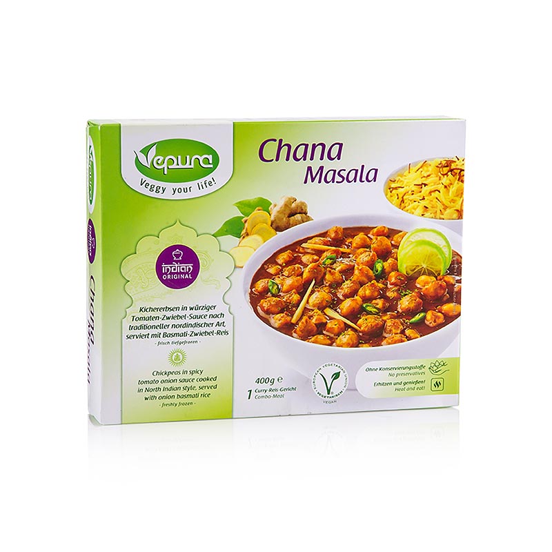 Chana Masala - pois chiches à la sauce tomate oignon avec riz basmati, Vepura - 400 g - pack