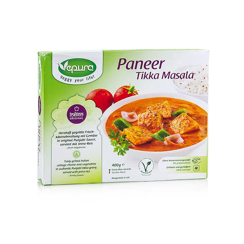 Paneer Tikka Masala - Frischkäse mit Punjabi Sauce, Basmatireis, Vepura - 400 g - Packung