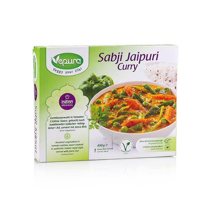 Sabji Jaipuri Curry - Tomatcashewsauce med udvalg af grøntsager med Jeera-ris, Vepura - 400 g - pakke