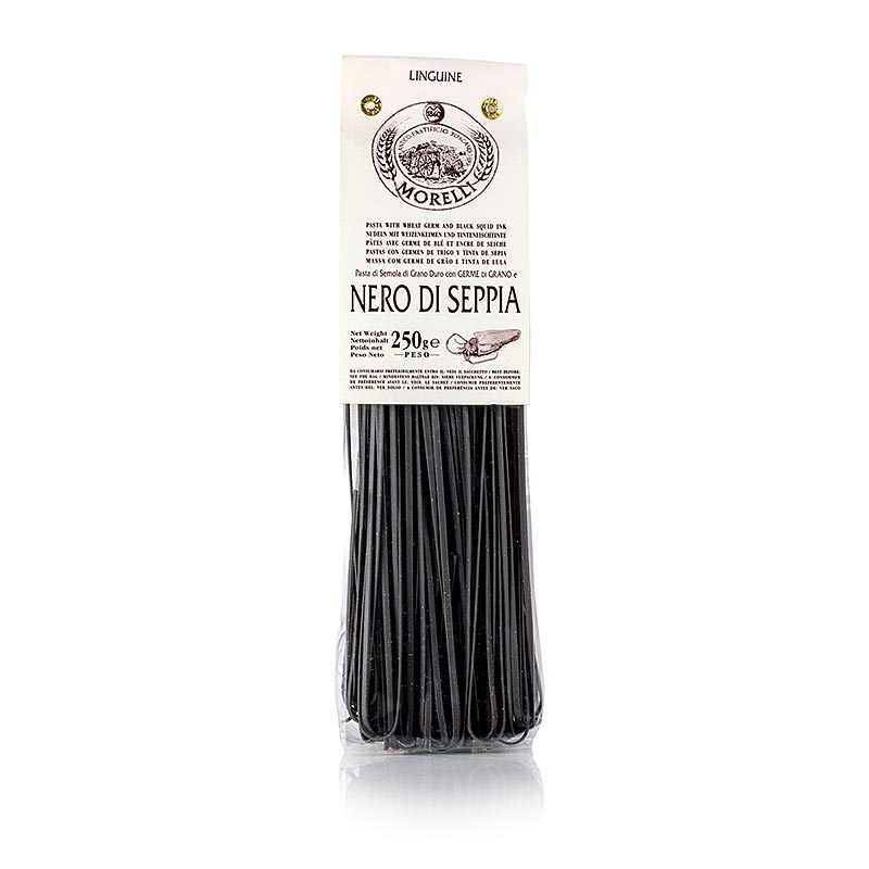 Morelli 1860 Linguine, sort, med blæksprutte blæksprutter blæk og hvedekim - 250 g - taske Morelli 1860 Linguine, sort, med blæksprutte blæksprutter blæk og hvedekim - 250 g - taske
