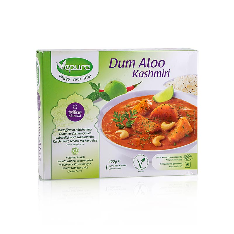 Dum Aloo Kashmiri - Kartoffeln in Tomaten Cashew Sauce mit Jeera Reis, Vepura - 400 g - Packung