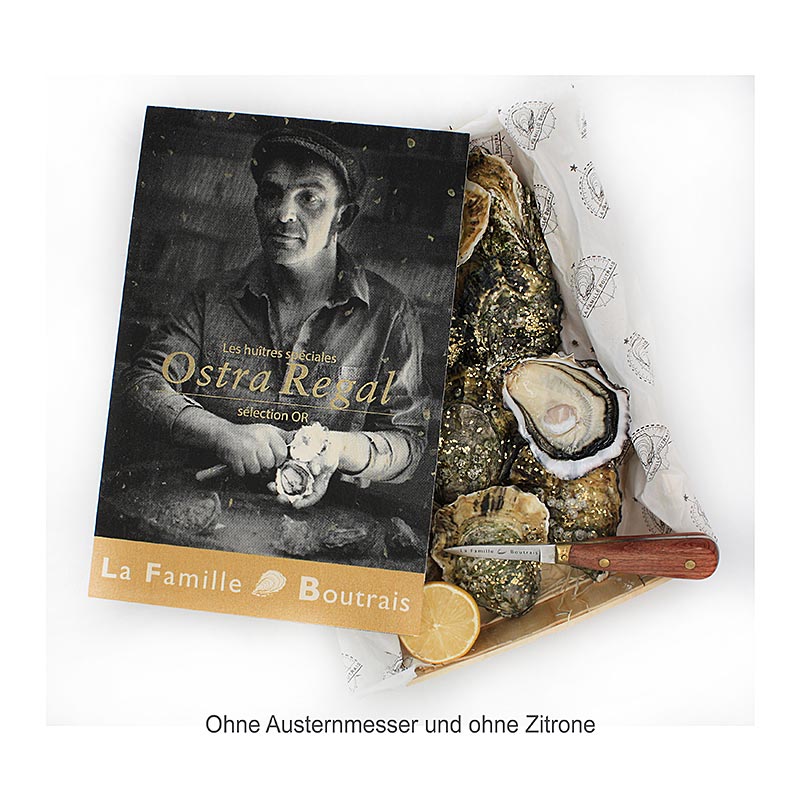 Frische Austern - Selection Gold N°4, á ca.90g, La Famille Boutrais - 1,1 kg, 12 St - Holzkiste Frische Austern - Selection Gold N°4, á ca.90g, La Famille Boutrais - 1,1 kg, 12 St - Holzkiste