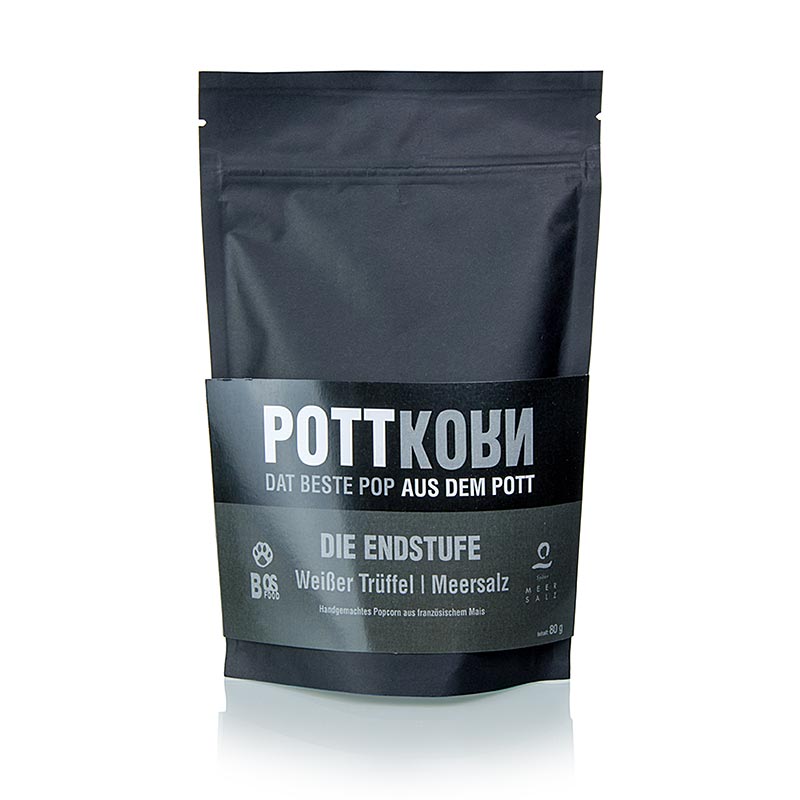 Pottkorn - Endstufe, Popcorn mit weißem Trüffel & Meersalz & weiße Schokolade - 80 g - Beutel Pottkorn - Endstufe, Popcorn mit weißem Trüffel & Meersalz & weiße Schokolade - 80 g - Beutel