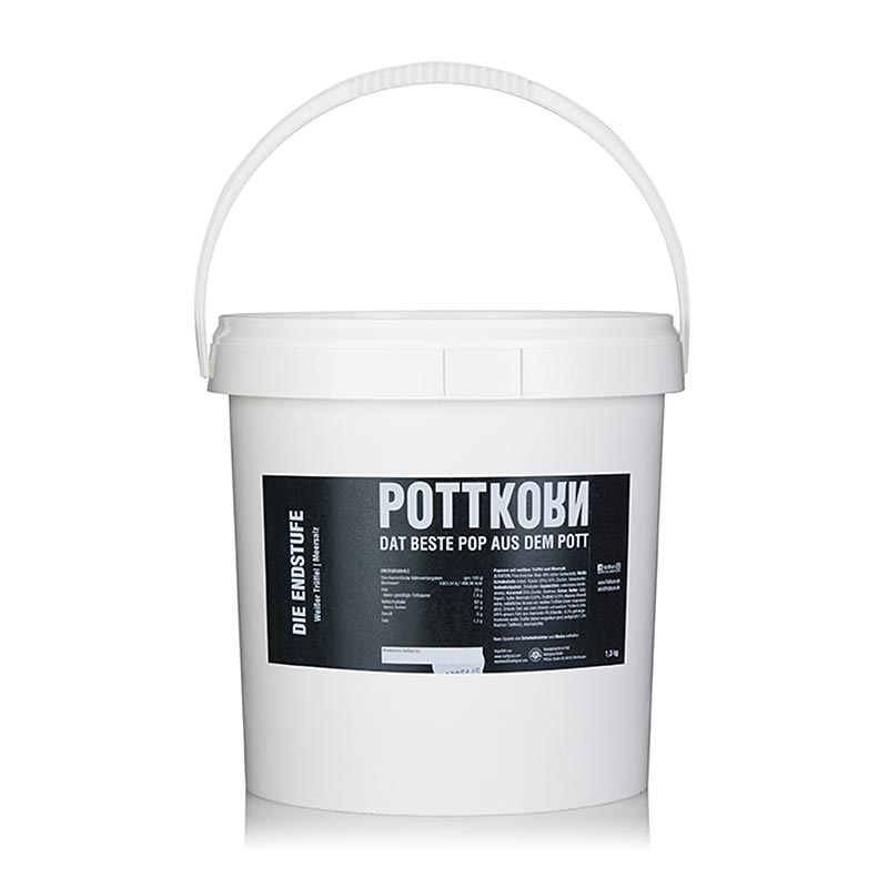 Pottkorn - Endstufe, Popcorn mit weißem Trüffel & Meersalz & weiße Schokolade - 1,3 kg - Pe-eimer Pottkorn - Endstufe, Popcorn mit weißem Trüffel & Meersalz & weiße Schokolade - 1,3 kg - Pe-eimer
