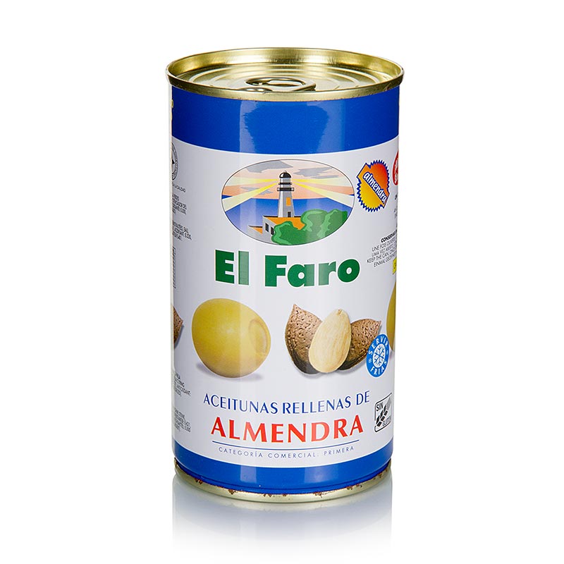Groenne oliven, udstenede, med mandler, i saltlage, El Faro - 350 g - kan