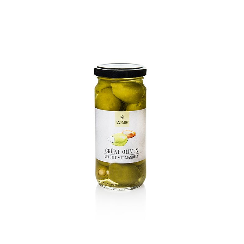 Olives vertes farcies aux amandes en saumure, ANEMOS - 227 g - verre