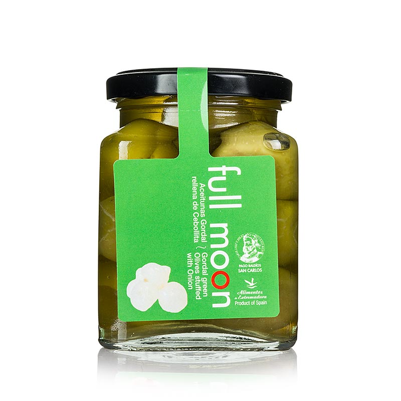 Grønne Gordal oliven, uden frø, med løg, San Carlos Gourmet - 300 g - glas