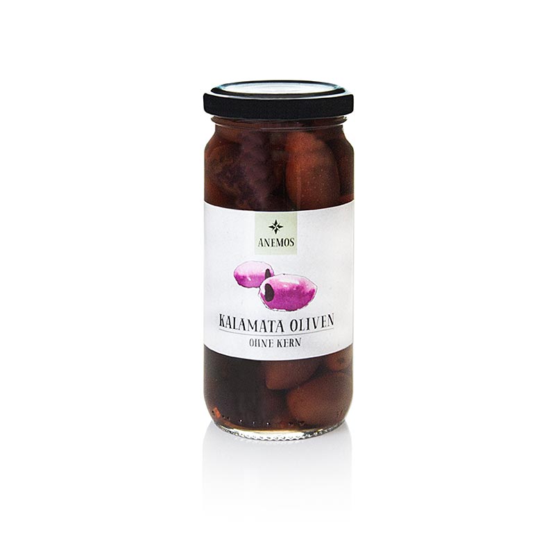 Olives noires, sans noyau, olives Kalamata, dans le lac, ANEMOS - 227 g - verre