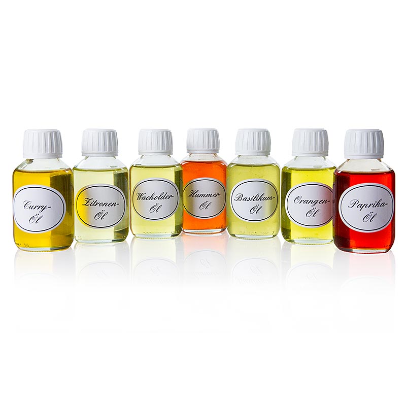 Ölsortiment: Basilikum, Curry, Orange, Paprika, Wacholder, Zitrone, Hummer - 700 ml, 7 x 100 ml - Flaschen Ölsortiment: Basilikum, Curry, Orange, Paprika, Wacholder, Zitrone, Hummer - 700 ml, 7 x 100 ml - Flaschen