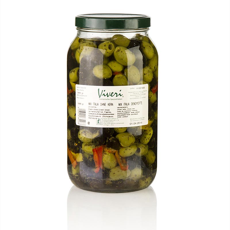 Olivenblanding, groenne og sorte oliven, udstenede, krydret syltede, Viveri - 3 kg - Glas