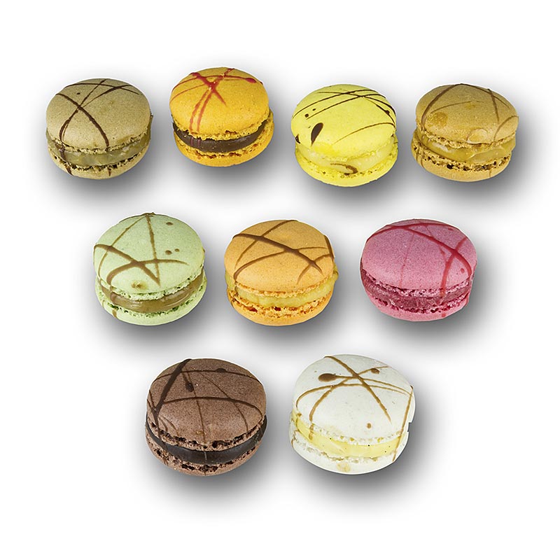 Mini Macarons Mischung, gefüllt, 9 Sorten, Ø 28 mm - 900 g, 126 St - Karton Mini Macarons Mischung, gefüllt, 9 Sorten, Ø 28 mm - 900 g, 126 St - Karton