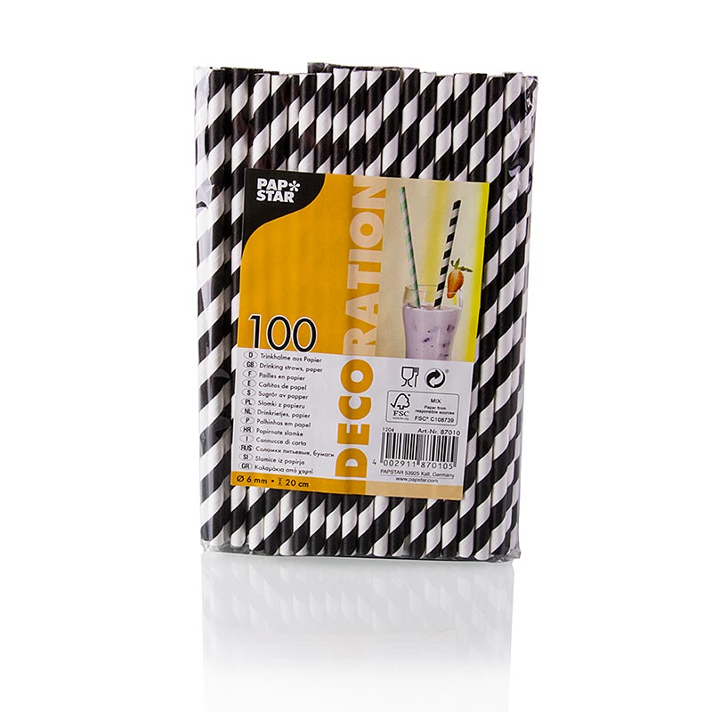Disposable paper drinking straws stripes, black and white, 20 cm - 100 hours - bag