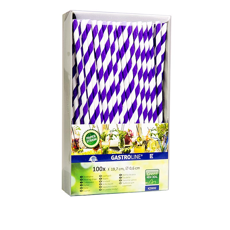 Disposable paper drinking straws stripes, purple-white, 19.7 cm - 100 hours - bag