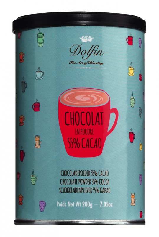 Chocolat en poudre 55% de cacao, chocolat à boire en poudre avec 55% de cacao, Dolfin - 200 g - boîte
