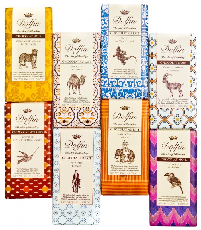 Minitablet, presentoir Carnet de Voyage, standaard met 8 soorten chocolade, Dolfin - 200 x 30 g - tonen