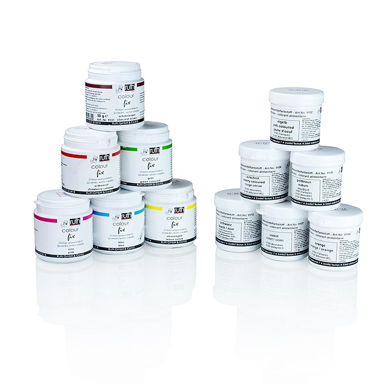Lebensmittelfarben Sortiment, wasserlöslich, 12 Farben, 9150, Ruth - 600 g, 12 x 50g - Karton Lebensmittelfarben Sortiment, wasserlöslich, 12 Farben, 9150, Ruth - 600 g, 12 x 50g - Karton