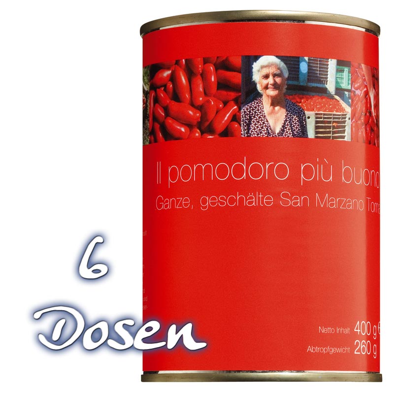 San Marzano, ganze, geschälte Tomaten der Sorte San Marzano due, Il pomodoro piu buono del Vesuvio aus Kampanien / Italien - 6 x 400 g - Dose