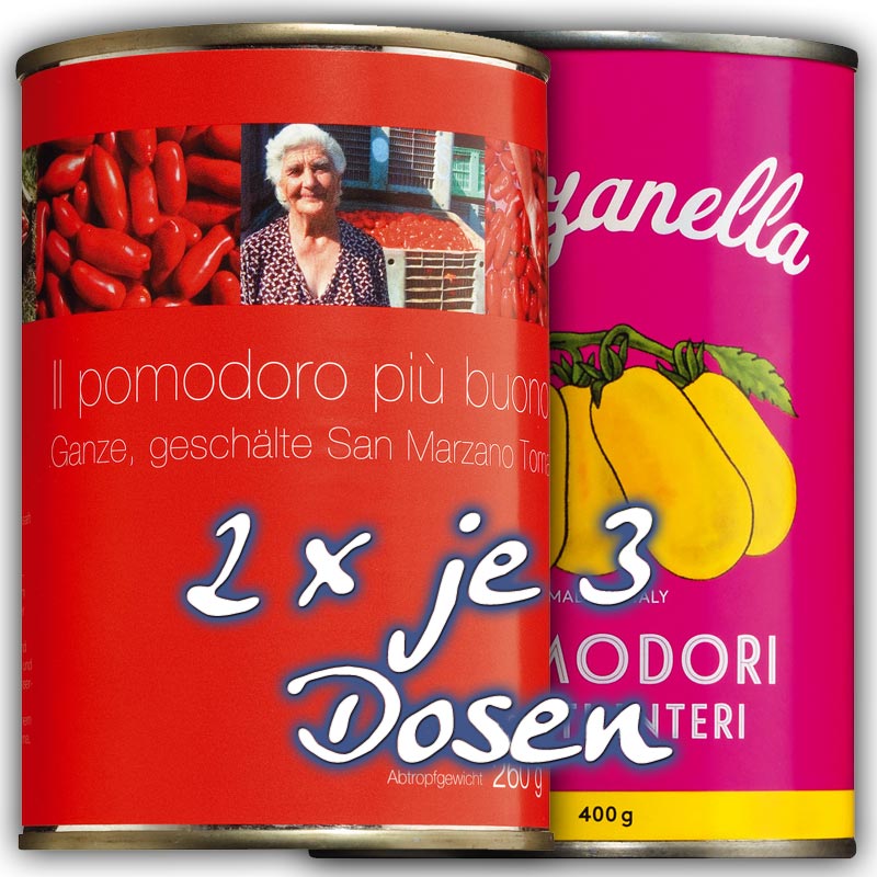 San Marzano, ganze, geschälte Tomaten der Sorte San Marzano due, Il pomodoro piu buono del Vesuvio und gelbe Tomaten, ganz & geschält, aus Kampanien / Italien 6 Dosen mit 8 % Preisvorteil - 3 x 400 g rote, 3 x 400g gelbe - Dose San Marzano, ganze, geschälte Tomaten der Sorte San Marzano due, Il pomodoro piu buono del Vesuvio und gelbe Tomaten, ganz & geschält, aus Kampanien / Italien 6 Dosen mit 8 % Preisvorteil - 3 x 400 g rote, 3 x 400g gelbe - Dose