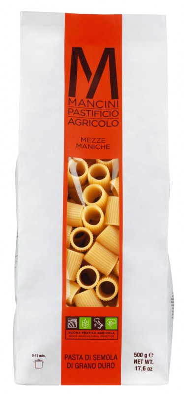 Mezze Maniche, pates a la semoule de ble dur, grand format, Pasta Mancini - 500g - paquet