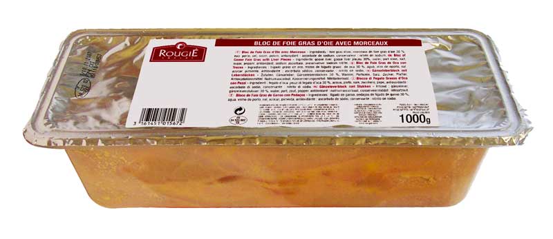 Block of goose liver, with pieces, foie gras, trapeze, semi-preserved, rougie - 1 kg - PE shell Block of goose liver, with pieces, foie gras, trapeze, semi-preserved, rougie - 1 kg - PE shell