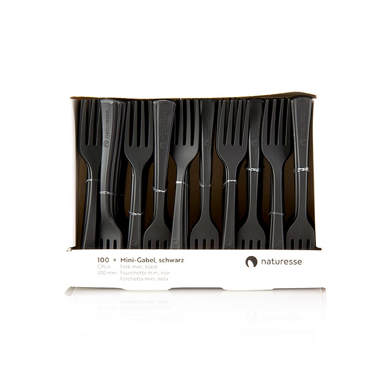Naturesse Einweg Mini Gabel, schwarz, aus CPLA, 10cm - 100 St - Packung Naturesse Einweg Mini Gabel, schwarz, aus CPLA, 10cm - 100 St - Packung