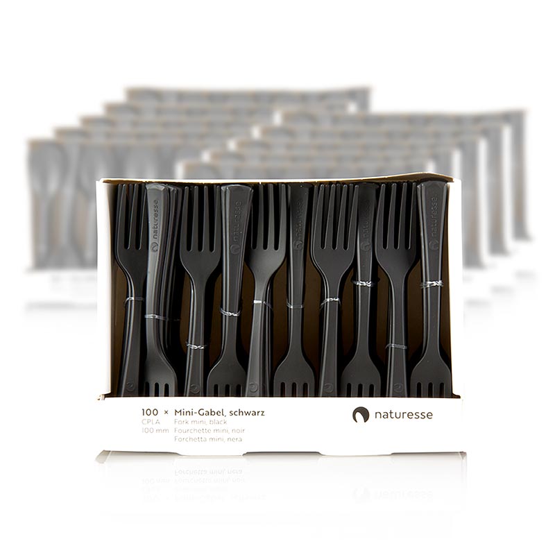 Naturesse Einweg Mini Gabel, schwarz, aus CPLA, 10cm - 1.000 St - Schachtel Naturesse Einweg Mini Gabel, schwarz, aus CPLA, 10cm - 1.000 St - Schachtel