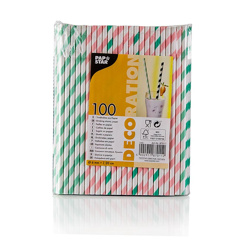 Einweg Papier Trinkhalme Streifen, 4 Farben, 20cm - 100 Stück - Beutel