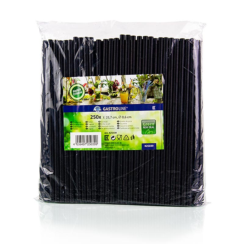 Disposable paper straws, black, Ø6mm, 19.7 cm - 250 h - carton
