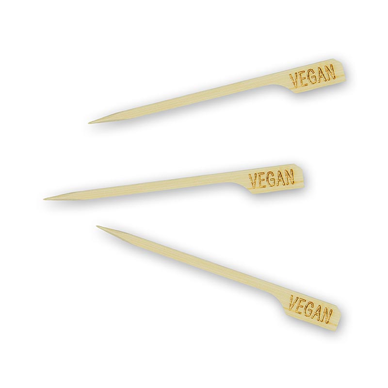 Brochettes de bambou, avec bout de feuilles, avec inscription Vegan, 9cm - 250 h - sac