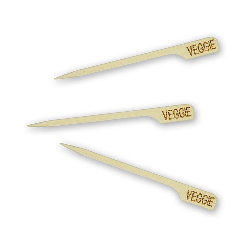Brochettes de bambou, bouts de feuilles, étiquetées Veggie, 9 cm - 250 h - sac