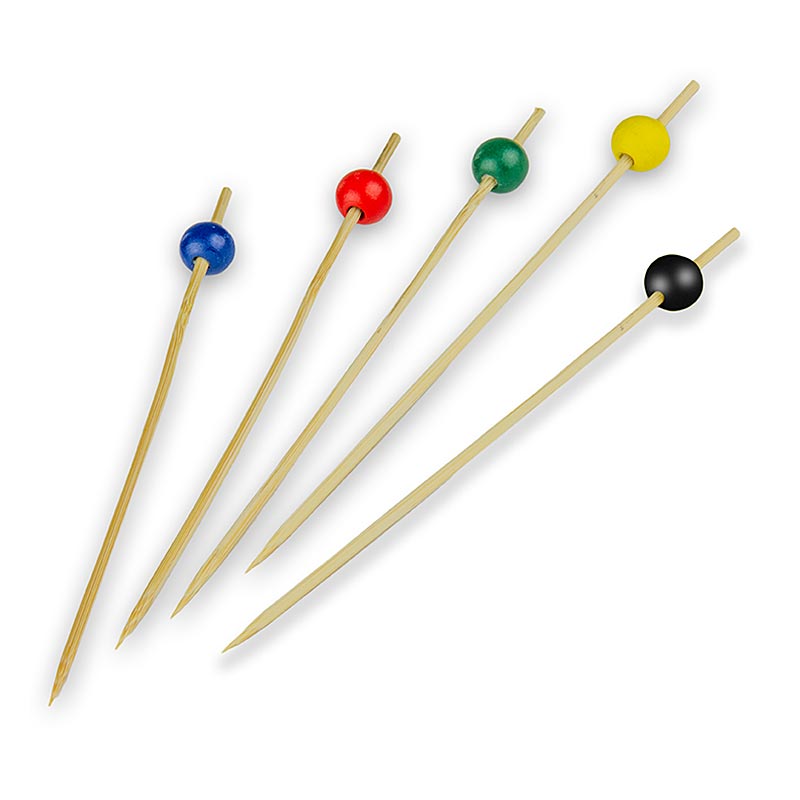 Bambus-Spieße, mit Kugel, 5 Farben (rot, braun, gelb, blau, schwarz), 15 cm - 100 St - Beutel
