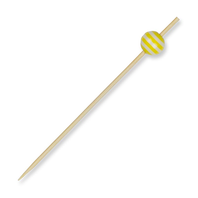 Brochettes en bois, avec boule de cristal rayée jaune / blanche, 9 cm - 100 pieces - sac