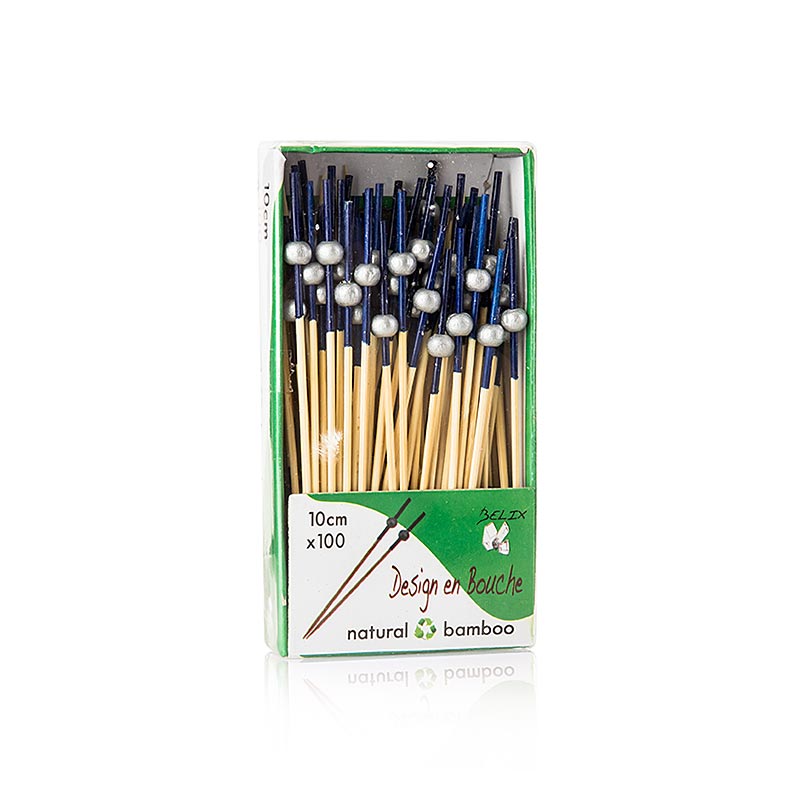 Brochettes en bois, extrémité bleue, boule en argent, 10 cm - 100 heures - sac