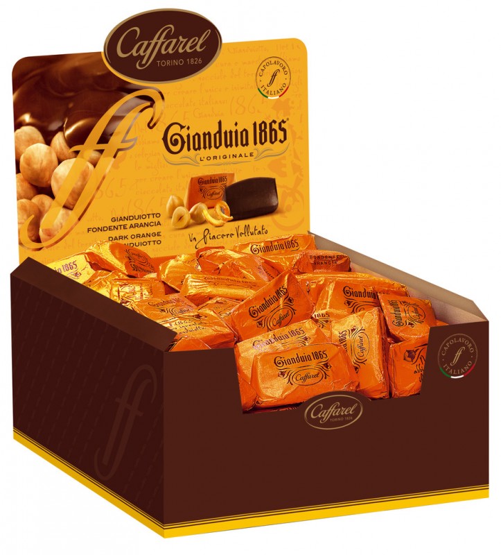 Hazelnoot nougat chocolaatjes, donker m. Orange, Gianduia Dark Orange, Display, Caffarel - 3 x 1000 g - tonen
