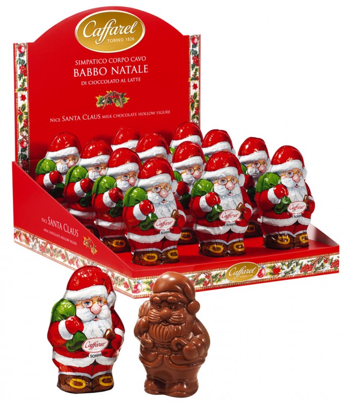 Weihnachtsmänner mit Überraschung, Santa Hollow figure, Caffarel - 12 x 100 g - Display