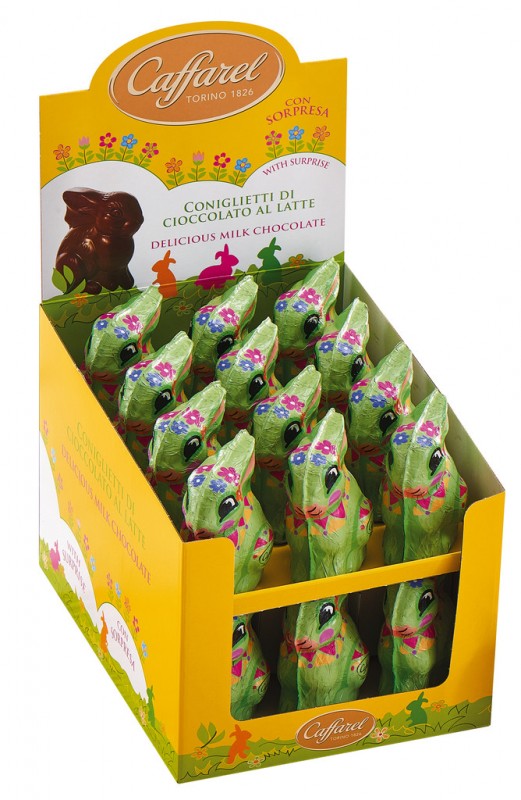 Rabbit with surprise, Display, Schokoladen-Hasen mit Überraschung, Caffarel - 24 x 110 g - Display Rabbit with surprise, Display, Schokoladen-Hasen mit Überraschung, Caffarel - 24 x 110 g - Display