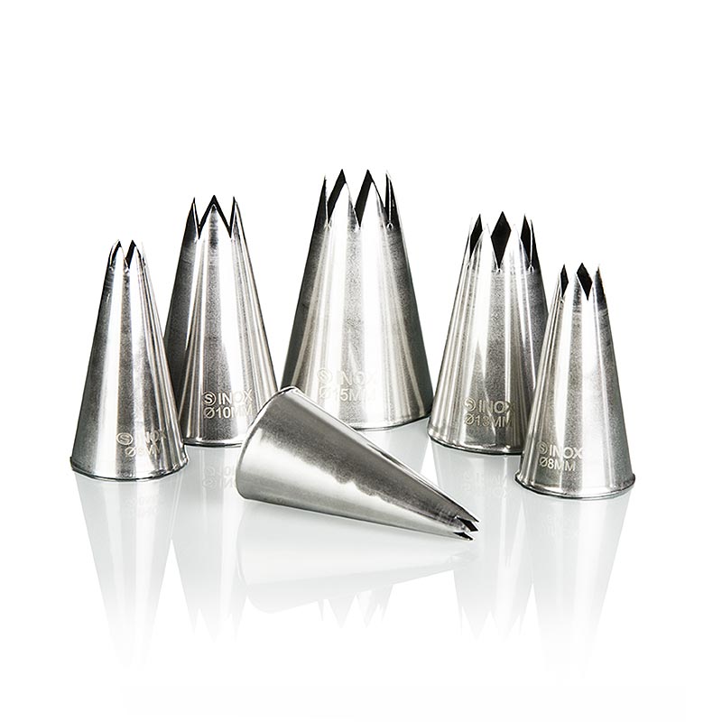 Piping bag nozzle set, star-shaped, made of metal - 6 pcs. - PE can