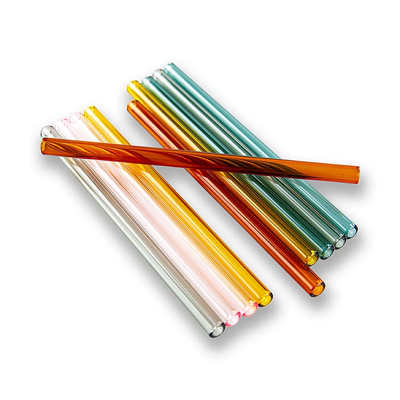 Pailles en verre (borosilicate), droites et colorées, Ø8mm (1,5mm paroi), 15cm - 10 heures - sac